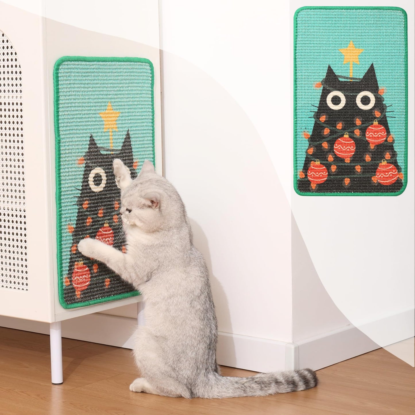 Sisal Cat Scratcher Post Mat (Use on Wall Couch and Carpet) Shedding-Resistant Scratching Surface - 21.7x13 with Adhesives Pads and Twist Pins (Merry Catmas)