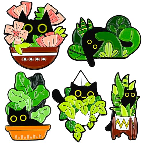 Mabor 5Pcs Funny Animal Enamel Brooch Pins Badges Cat Enamel Pins Set Cartoon Lapel Badges for Women Girl Cute Black Cat Pins for Bags Clothing