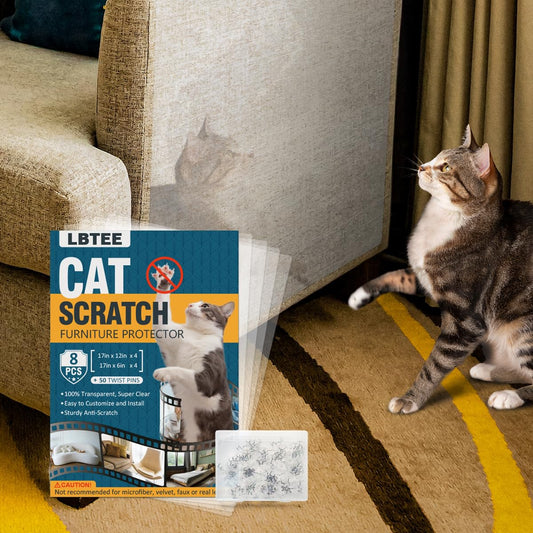 Couch Cat Scratch Protector 8 Pcs with Storage Box Heavy Duty Anti-Scratch Cat Furniture Protector Upgraded Cat Couch Protector Self-Adhesive Cat Tape (8 Pack + 50 Twist Pins + Pin Storage Box)
